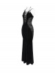 Black Velvet Sides Waist-Cinching Adjustable Drawstring Halter Deep V-Neck Backless Gothic Style Slip Long Fishtail Dress
