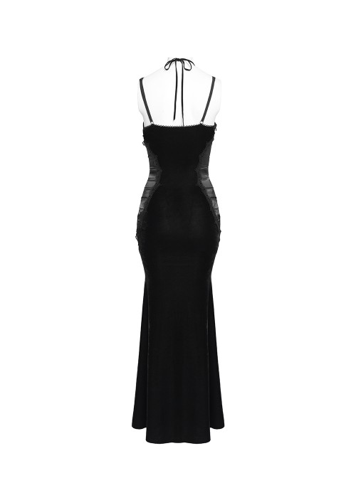 Black Velvet Sides Waist-Cinching Adjustable Drawstring Halter Deep V-Neck Backless Gothic Style Slip Long Fishtail Dress