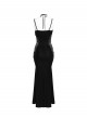 Black Velvet Sides Waist-Cinching Adjustable Drawstring Halter Deep V-Neck Backless Gothic Style Slip Long Fishtail Dress