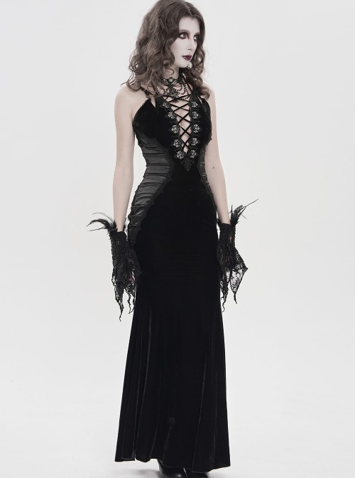 Black Velvet Sides Waist-Cinching Adjustable Drawstring Halter Deep V-Neck Backless Gothic Style Slip Long Fishtail Dress