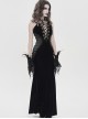 Black Velvet Sides Waist-Cinching Adjustable Drawstring Halter Deep V-Neck Backless Gothic Style Slip Long Fishtail Dress