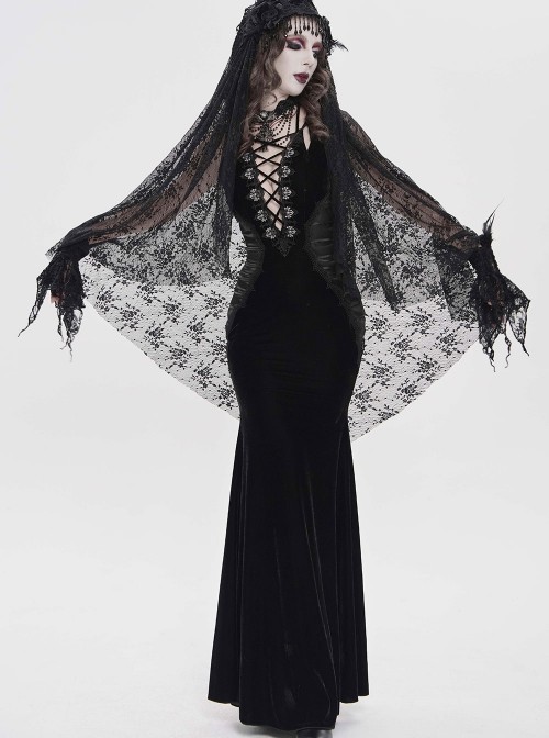 Black Velvet Sides Waist-Cinching Adjustable Drawstring Halter Deep V-Neck Backless Gothic Style Slip Long Fishtail Dress