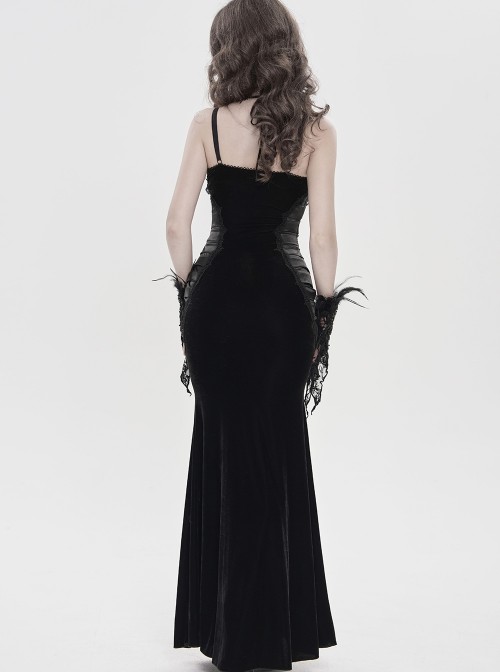 Black Velvet Sides Waist-Cinching Adjustable Drawstring Halter Deep V-Neck Backless Gothic Style Slip Long Fishtail Dress