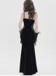 Black Velvet Sides Waist-Cinching Adjustable Drawstring Halter Deep V-Neck Backless Gothic Style Slip Long Fishtail Dress