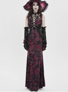 Black Red Velvet Sides Waist-Cinching Adjustable Drawstring Halter Deep V-Neck Backless Gothic Style Slip Long Fishtail Dress
