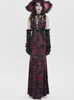Black Red Velvet Sides Waist-Cinching Adjustable Drawstring Halter Deep V-Neck Backless Gothic Style Slip Long Fishtail Dress