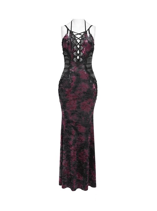 Black Red Velvet Sides Waist-Cinching Adjustable Drawstring Halter Deep V-Neck Backless Gothic Style Slip Long Fishtail Dress