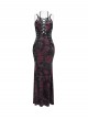 Black Red Velvet Sides Waist-Cinching Adjustable Drawstring Halter Deep V-Neck Backless Gothic Style Slip Long Fishtail Dress