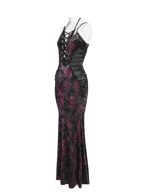 Black Red Velvet Sides Waist-Cinching Adjustable Drawstring Halter Deep V-Neck Backless Gothic Style Slip Long Fishtail Dress