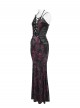Black Red Velvet Sides Waist-Cinching Adjustable Drawstring Halter Deep V-Neck Backless Gothic Style Slip Long Fishtail Dress
