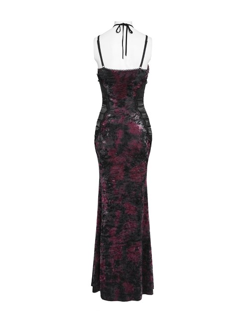 Black Red Velvet Sides Waist-Cinching Adjustable Drawstring Halter Deep V-Neck Backless Gothic Style Slip Long Fishtail Dress