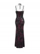 Black Red Velvet Sides Waist-Cinching Adjustable Drawstring Halter Deep V-Neck Backless Gothic Style Slip Long Fishtail Dress
