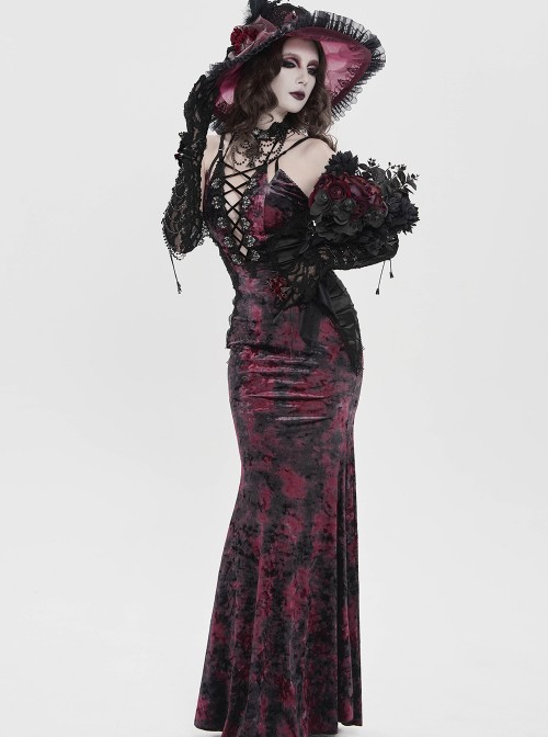 Black Red Velvet Sides Waist-Cinching Adjustable Drawstring Halter Deep V-Neck Backless Gothic Style Slip Long Fishtail Dress