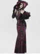 Black Red Velvet Sides Waist-Cinching Adjustable Drawstring Halter Deep V-Neck Backless Gothic Style Slip Long Fishtail Dress