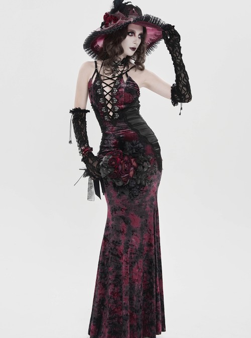 Black Red Velvet Sides Waist-Cinching Adjustable Drawstring Halter Deep V-Neck Backless Gothic Style Slip Long Fishtail Dress