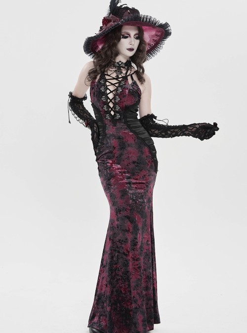 Black Red Velvet Sides Waist-Cinching Adjustable Drawstring Halter Deep V-Neck Backless Gothic Style Slip Long Fishtail Dress