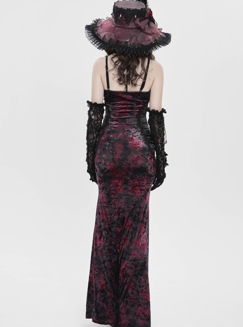 Black Red Velvet Sides Waist-Cinching Adjustable Drawstring Halter Deep V-Neck Backless Gothic Style Slip Long Fishtail Dress