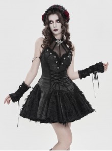 Black Dark Pattern Rose Jacquard Deep V Halter-Neck Spider Metal Decorations Backless Gothic Lolita Style Dress