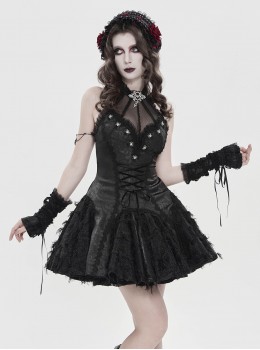 Black Dark Pattern Rose Jacquard Deep V Halter-Neck Spider Metal Decorations Backless Gothic Lolita Style Dress