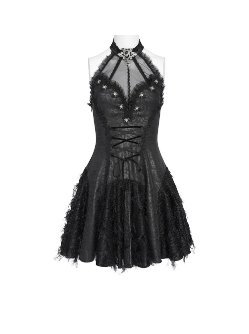Black Dark Pattern Rose Jacquard Deep V Halter-Neck Spider Metal Decorations Backless Gothic Lolita Style Dress
