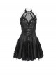 Black Dark Pattern Rose Jacquard Deep V Halter-Neck Spider Metal Decorations Backless Gothic Lolita Style Dress