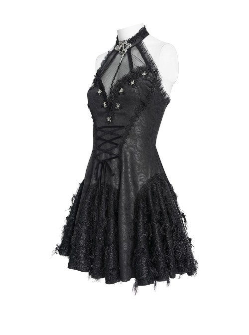 Black Dark Pattern Rose Jacquard Deep V Halter-Neck Spider Metal Decorations Backless Gothic Lolita Style Dress