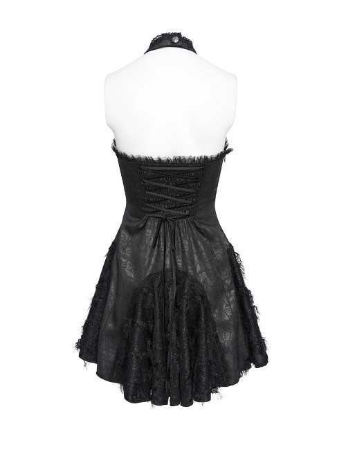 Black Dark Pattern Rose Jacquard Deep V Halter-Neck Spider Metal Decorations Backless Gothic Lolita Style Dress