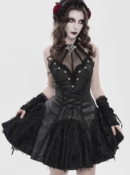 Black Dark Pattern Rose Jacquard Deep V Halter-Neck Spider Metal Decorations Backless Gothic Lolita Style Dress