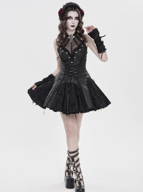 Black Dark Pattern Rose Jacquard Deep V Halter-Neck Spider Metal Decorations Backless Gothic Lolita Style Dress
