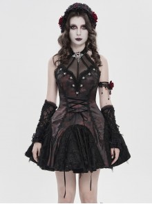 Black Red Dark Pattern Jacquard Deep V Halter-Neck Spider Metal Decorations Backless Gothic Lolita Style Dress