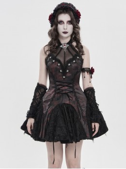 Black Red Dark Pattern Jacquard Deep V Halter-Neck Spider Metal Decorations Backless Gothic Lolita Style Dress
