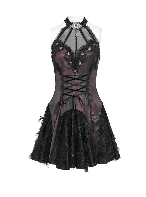 Black Red Dark Pattern Jacquard Deep V Halter-Neck Spider Metal Decorations Backless Gothic Lolita Style Dress