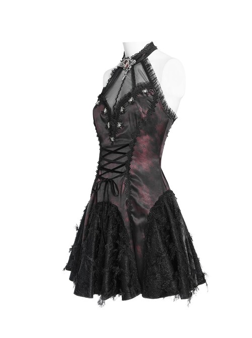 Black Red Dark Pattern Jacquard Deep V Halter-Neck Spider Metal Decorations Backless Gothic Lolita Style Dress