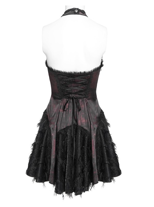 Black Red Dark Pattern Jacquard Deep V Halter-Neck Spider Metal Decorations Backless Gothic Lolita Style Dress
