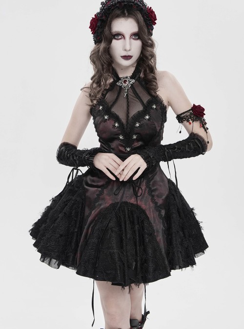 Black Red Dark Pattern Jacquard Deep V Halter-Neck Spider Metal Decorations Backless Gothic Lolita Style Dress