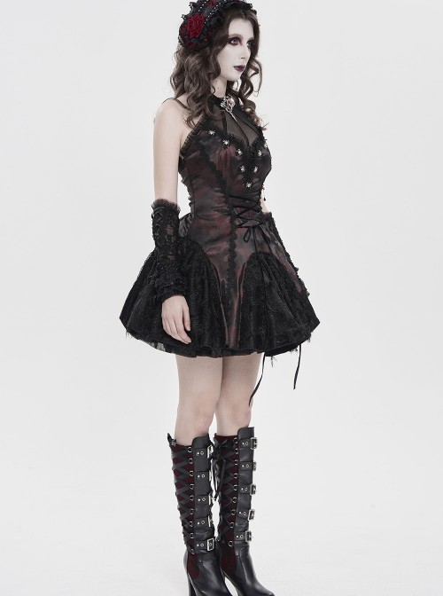 Black Red Dark Pattern Jacquard Deep V Halter-Neck Spider Metal Decorations Backless Gothic Lolita Style Dress