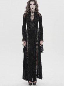 Black Hot Rhinestones Velvet Mesh Deep V Neck Chains Decoration High Slit Hem Long Flared Sleeves Gothic Style Long Dress