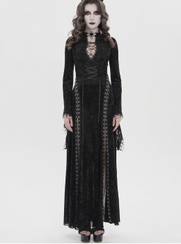 Black Hot Rhinestones Velvet Mesh Deep V Neck Chains Decoration High Slit Hem Long Flared Sleeves Gothic Style Long Dress