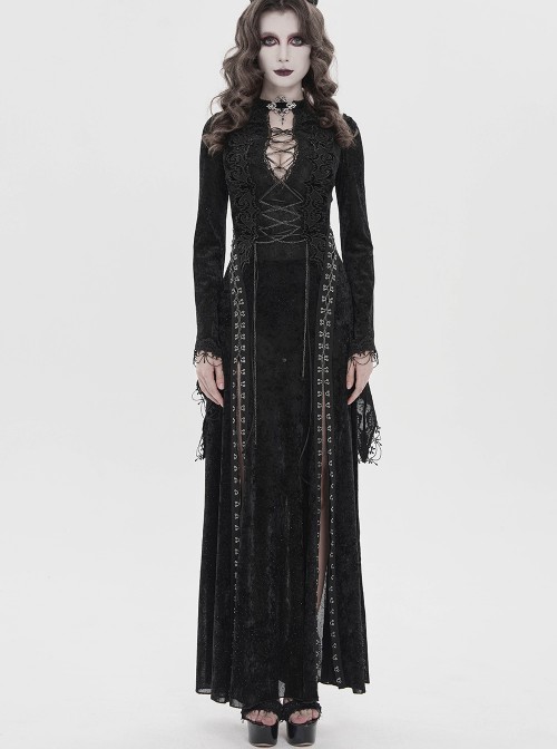 Black Hot Rhinestones Velvet Mesh Deep V Neck Chains Decoration High Slit Hem Long Flared Sleeves Gothic Style Long Dress