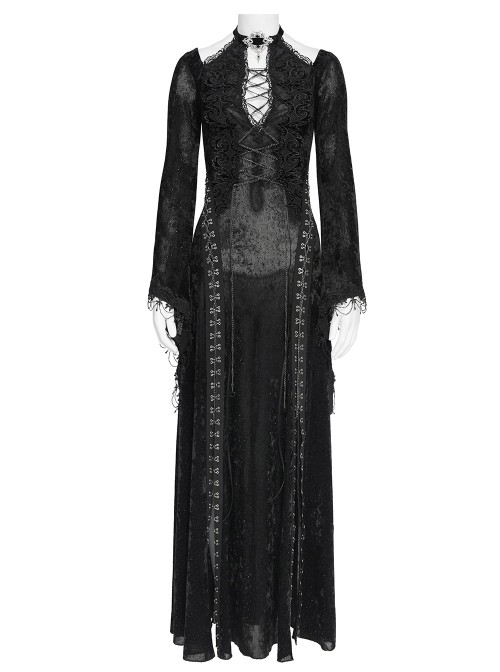 Black Hot Rhinestones Velvet Mesh Deep V Neck Chains Decoration High Slit Hem Long Flared Sleeves Gothic Style Long Dress