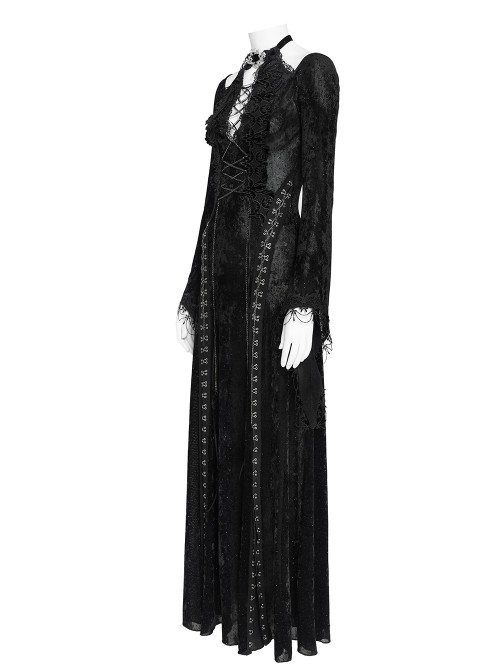 Black Hot Rhinestones Velvet Mesh Deep V Neck Chains Decoration High Slit Hem Long Flared Sleeves Gothic Style Long Dress