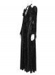 Black Hot Rhinestones Velvet Mesh Deep V Neck Chains Decoration High Slit Hem Long Flared Sleeves Gothic Style Long Dress