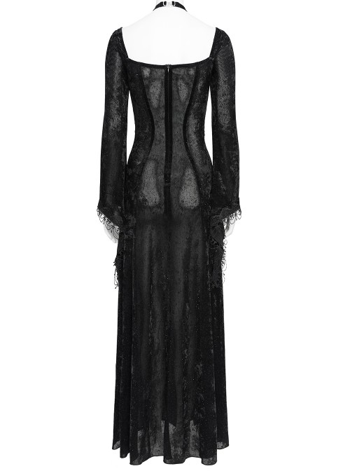 Black Hot Rhinestones Velvet Mesh Deep V Neck Chains Decoration High Slit Hem Long Flared Sleeves Gothic Style Long Dress