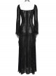 Black Hot Rhinestones Velvet Mesh Deep V Neck Chains Decoration High Slit Hem Long Flared Sleeves Gothic Style Long Dress