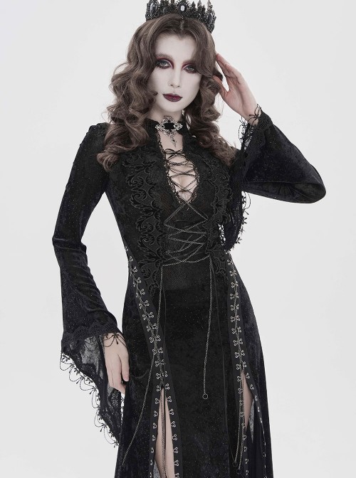 Black Hot Rhinestones Velvet Mesh Deep V Neck Chains Decoration High Slit Hem Long Flared Sleeves Gothic Style Long Dress
