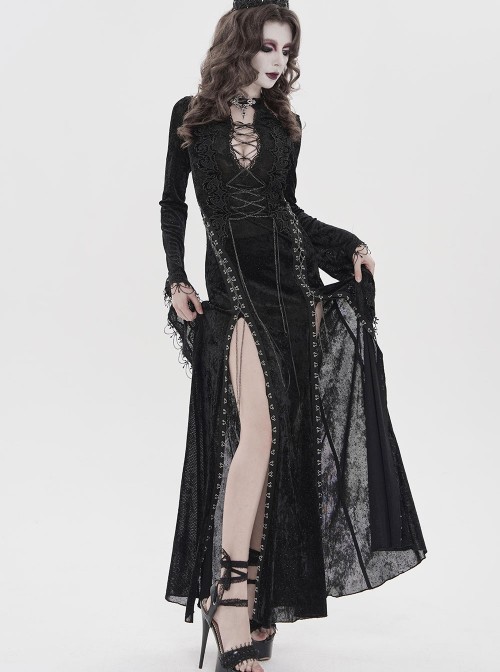 Black Hot Rhinestones Velvet Mesh Deep V Neck Chains Decoration High Slit Hem Long Flared Sleeves Gothic Style Long Dress