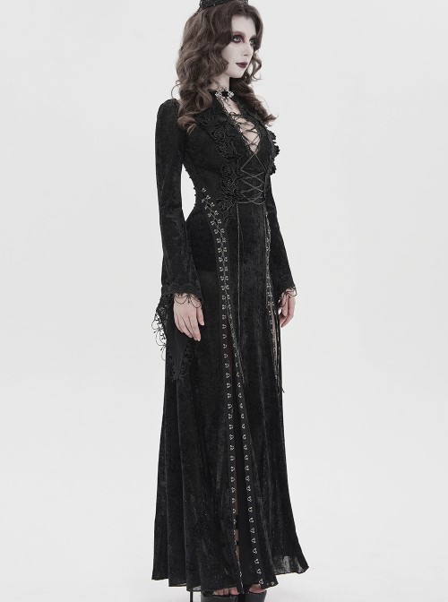 Black Hot Rhinestones Velvet Mesh Deep V Neck Chains Decoration High Slit Hem Long Flared Sleeves Gothic Style Long Dress