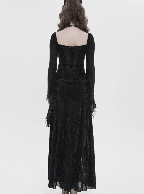 Black Hot Rhinestones Velvet Mesh Deep V Neck Chains Decoration High Slit Hem Long Flared Sleeves Gothic Style Long Dress