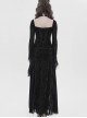 Black Hot Rhinestones Velvet Mesh Deep V Neck Chains Decoration High Slit Hem Long Flared Sleeves Gothic Style Long Dress
