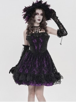 Purple Satin Splicing Black Rose-Patterned Mesh Chest Rhinestone-Studded Lace Hem Organza Curly Ruffles Gothic Style Slip Dress